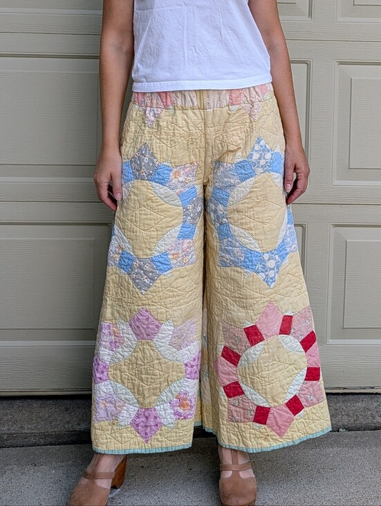 Handmade Pants - VINTAGE QUILT PANTS feedsack patchwork upcycled S